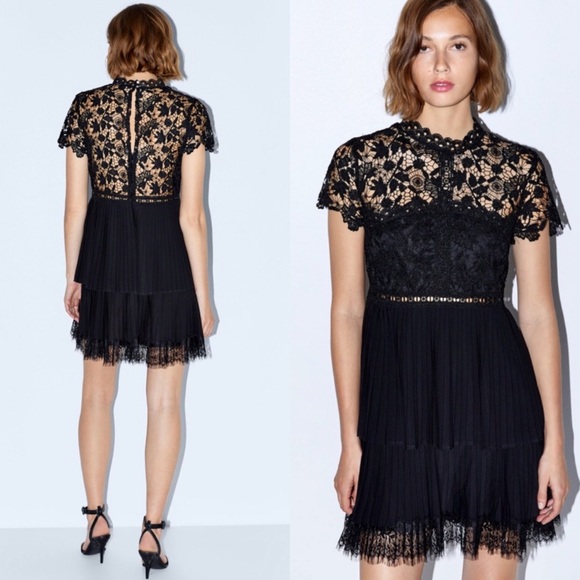 Zara Black Pleated Lace Mini Dress | NWT | Size M Cocktail Party - Picture 1 of 6